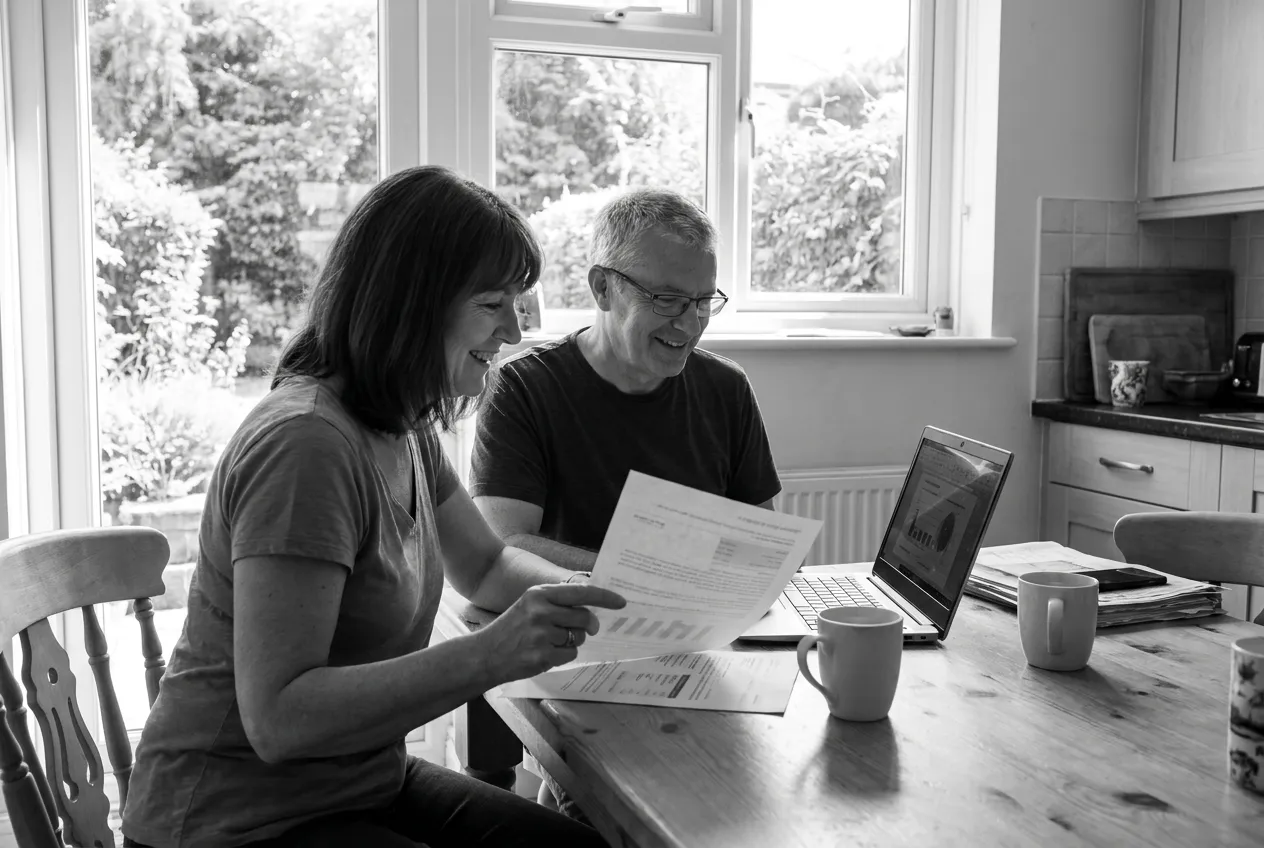 A couple at their kitchen table going through mortgage paperwork and a laptop