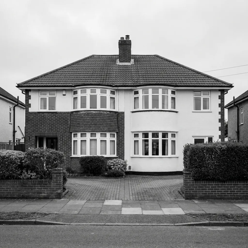 A pair of 1930s semi-detached houses with bay windows and a block-paved drive