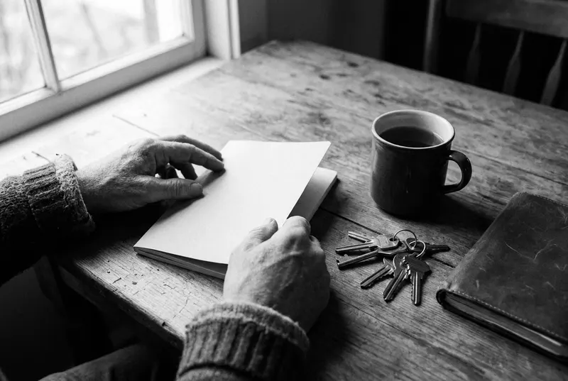 Hands on a notebook at a kitchen table, next to a mug of tea and a bunch of house keys