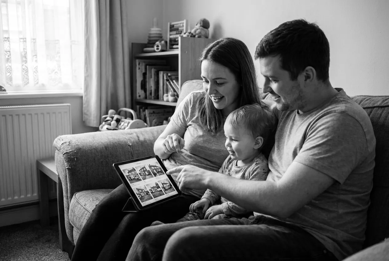 A young family on a sofa looking at houses for sale on a tablet
